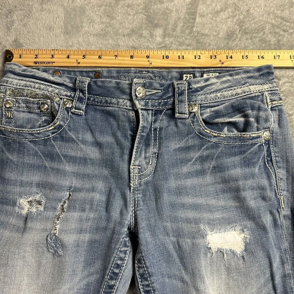 Miss Me Womens Jeans Mid Rise Easy Bootcut Embroidered Pocket Sz. 28 Distressed